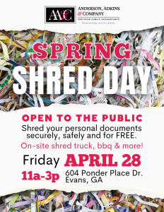 Spring Shred Day, open to the public, April 28 from 11a-3p at Anderson Adkins & Co